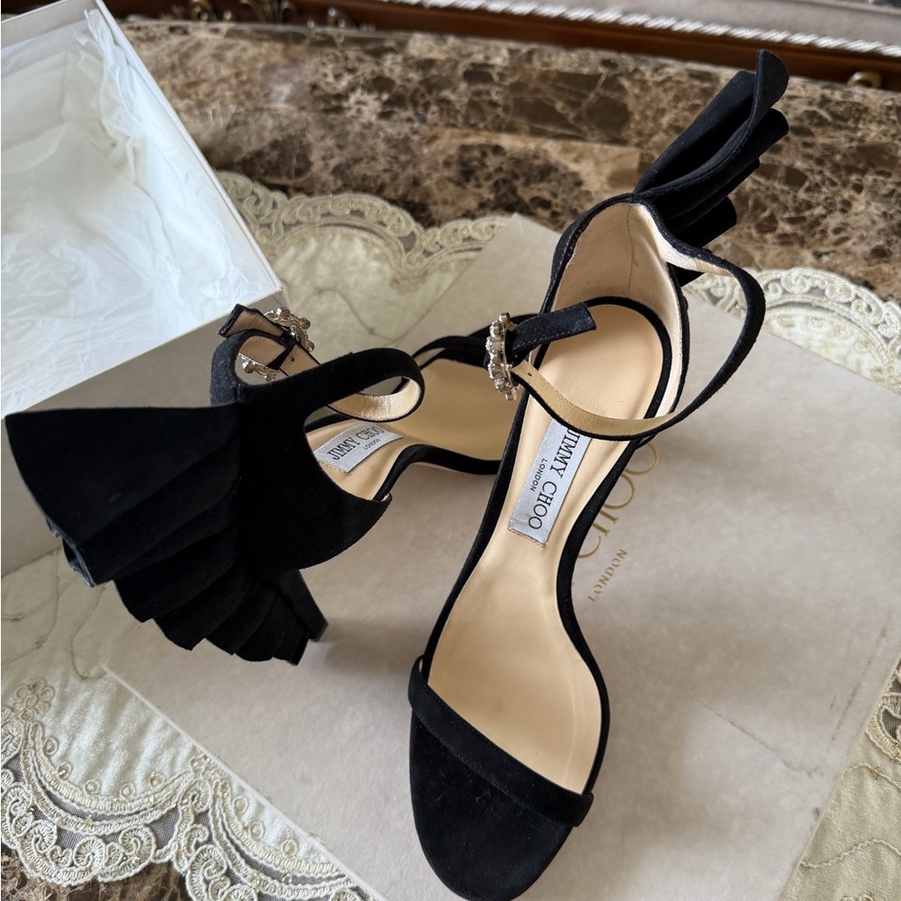 Jimmy Choo Black Suede Wingback Ankle-Strap Heels - Picture 8 of 15